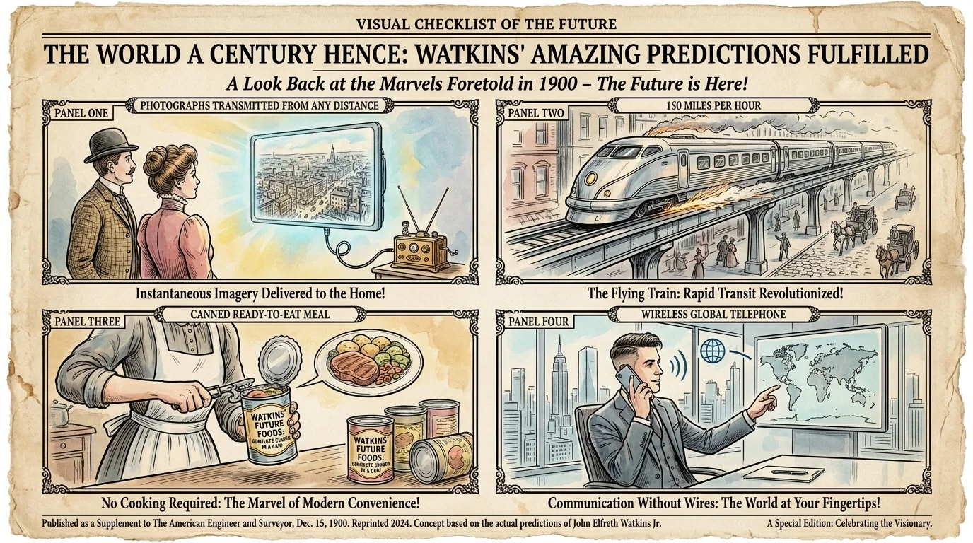 A vintage-style grid illustration showing four of John Elfreth Watkins' 1900 predictions that came true.