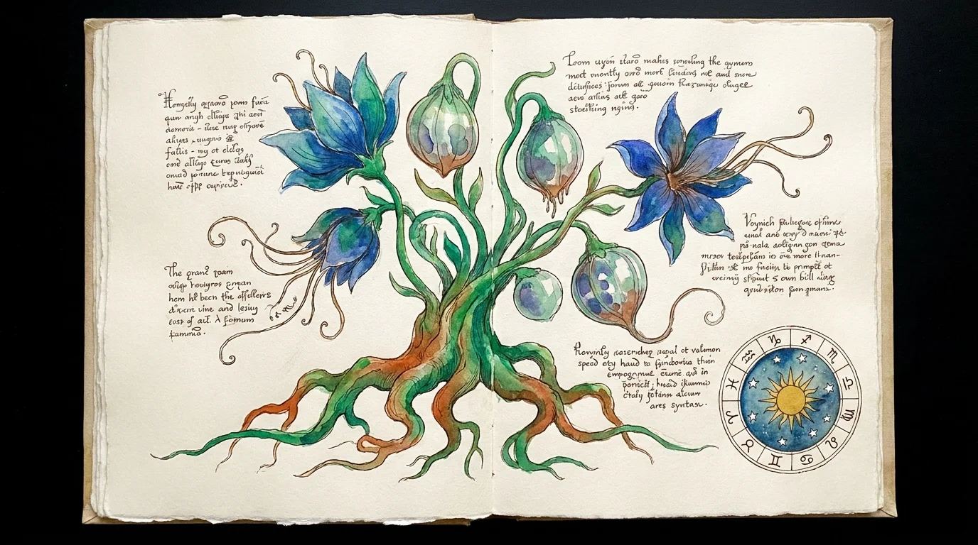 A watercolor and ink illustration of a page from the Voynich Manuscript featuring strange plants and unreadable script.