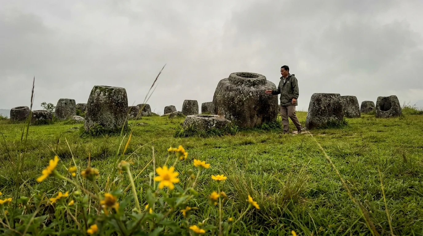 A wide-angle landscape shot of giant ancient stone jars scattered across a green field in Laos.