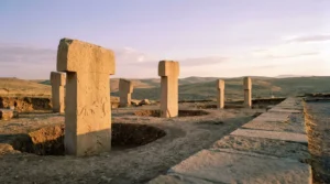 A wide sunset view of the ancient T-shaped stone pillars at Göbekli Tepe in Turkey, showing intricate animal carvings.