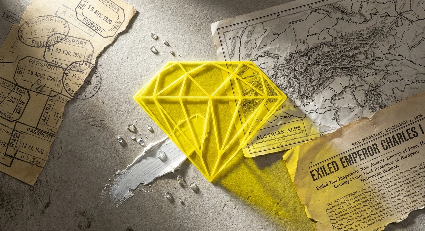 A yellow translucent diamond shape layered over vintage maps and passport stamps.
