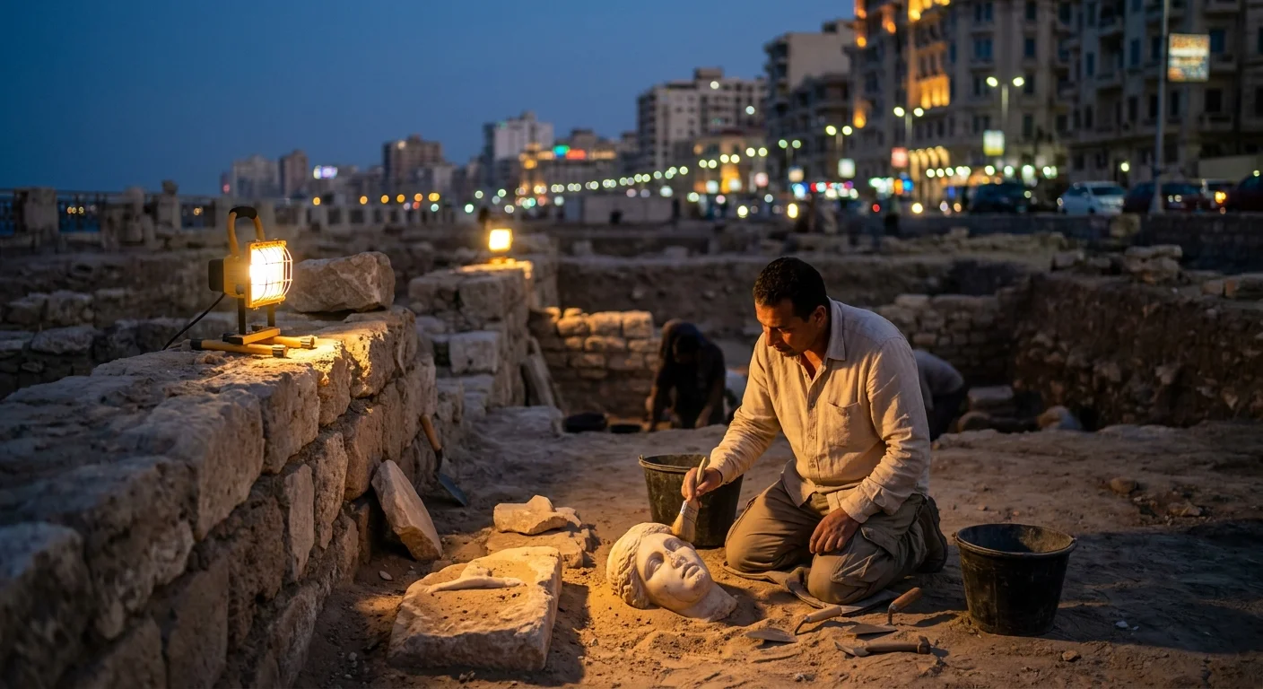 An archaeologist brushing sand off ancient stones in Alexandria at twilight, with city lights in the background.