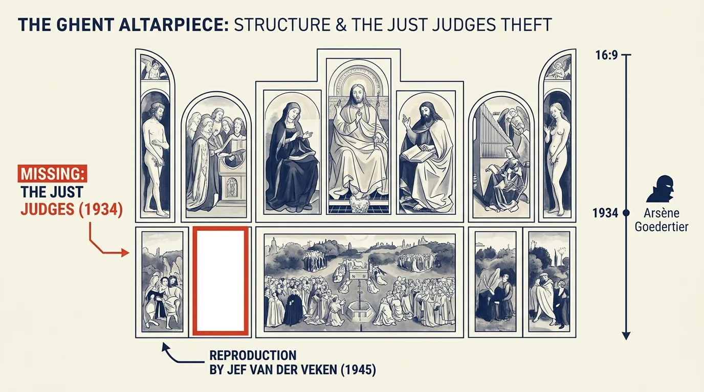 An art history diagram showing the layout of the Ghent Altarpiece with a void marking the missing Just Judges panel.