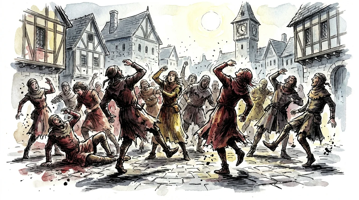 An expressive illustration of people in medieval clothing dancing frantically in a town square.