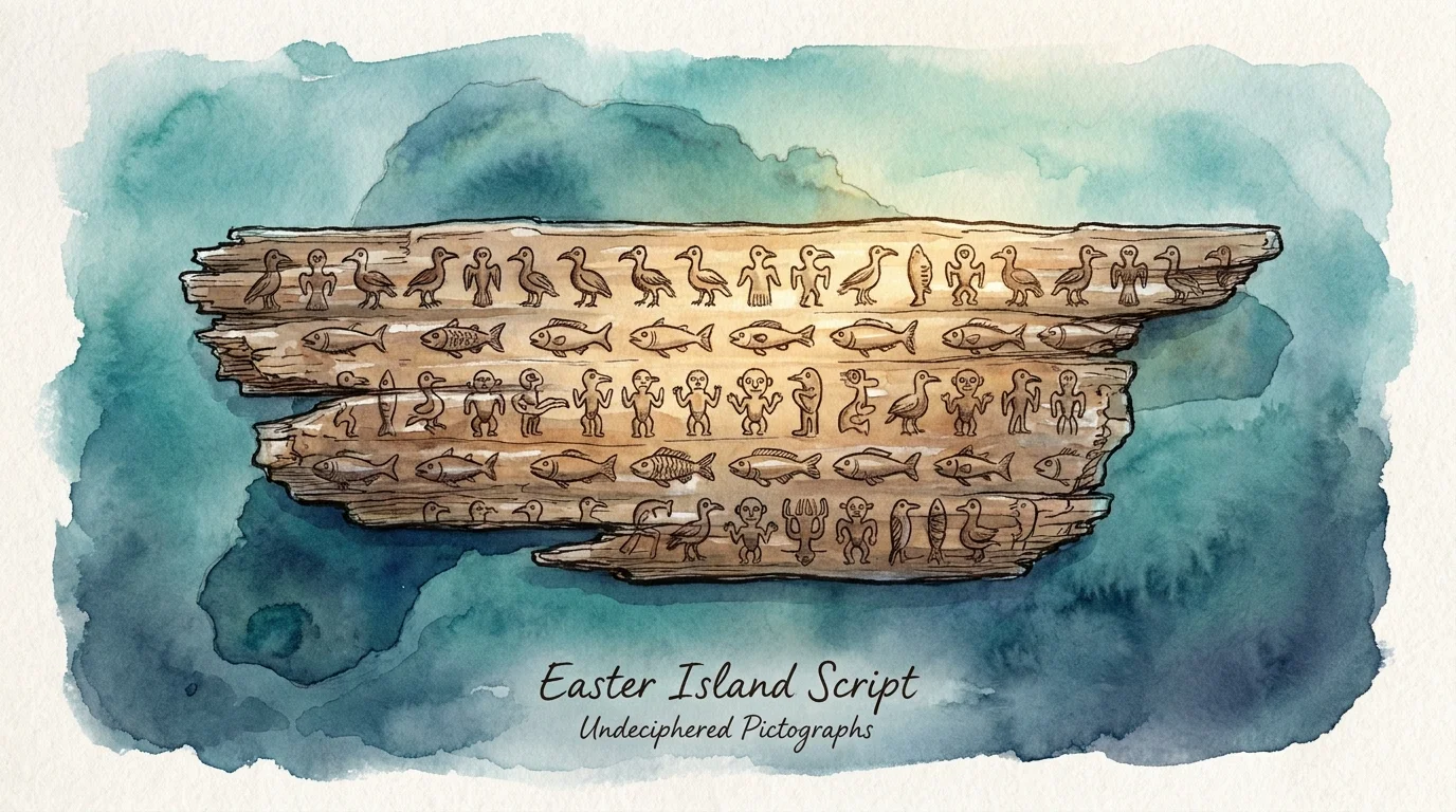 An illustration of a wooden tablet from Easter Island covered in the mysterious Rongorongo pictographic script.