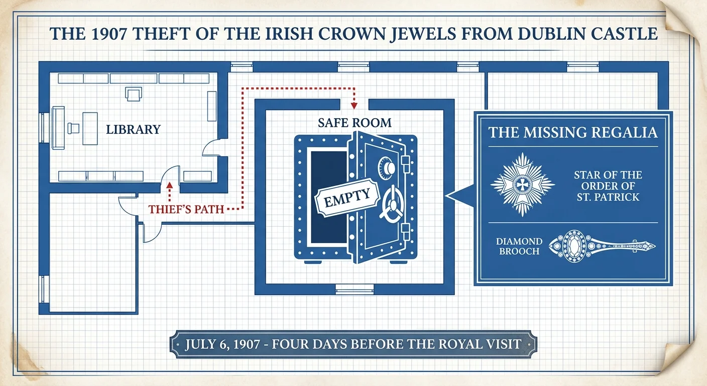An infographic blueprint of Dublin Castle showing the path of the 1907 theft of the Irish Crown Jewels.