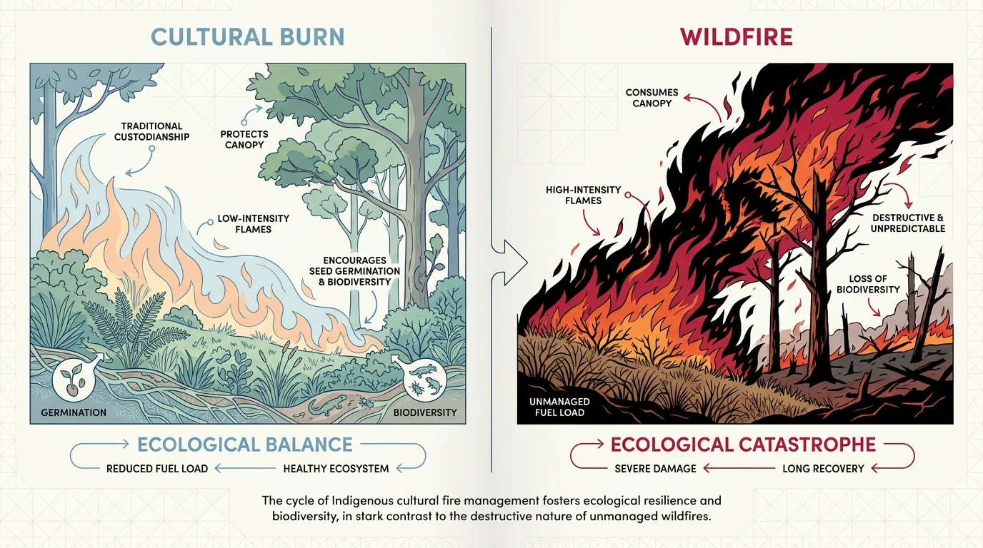 An infographic comparing a low-intensity cultural burn to a high-intensity wildfire using clean icons and labels.