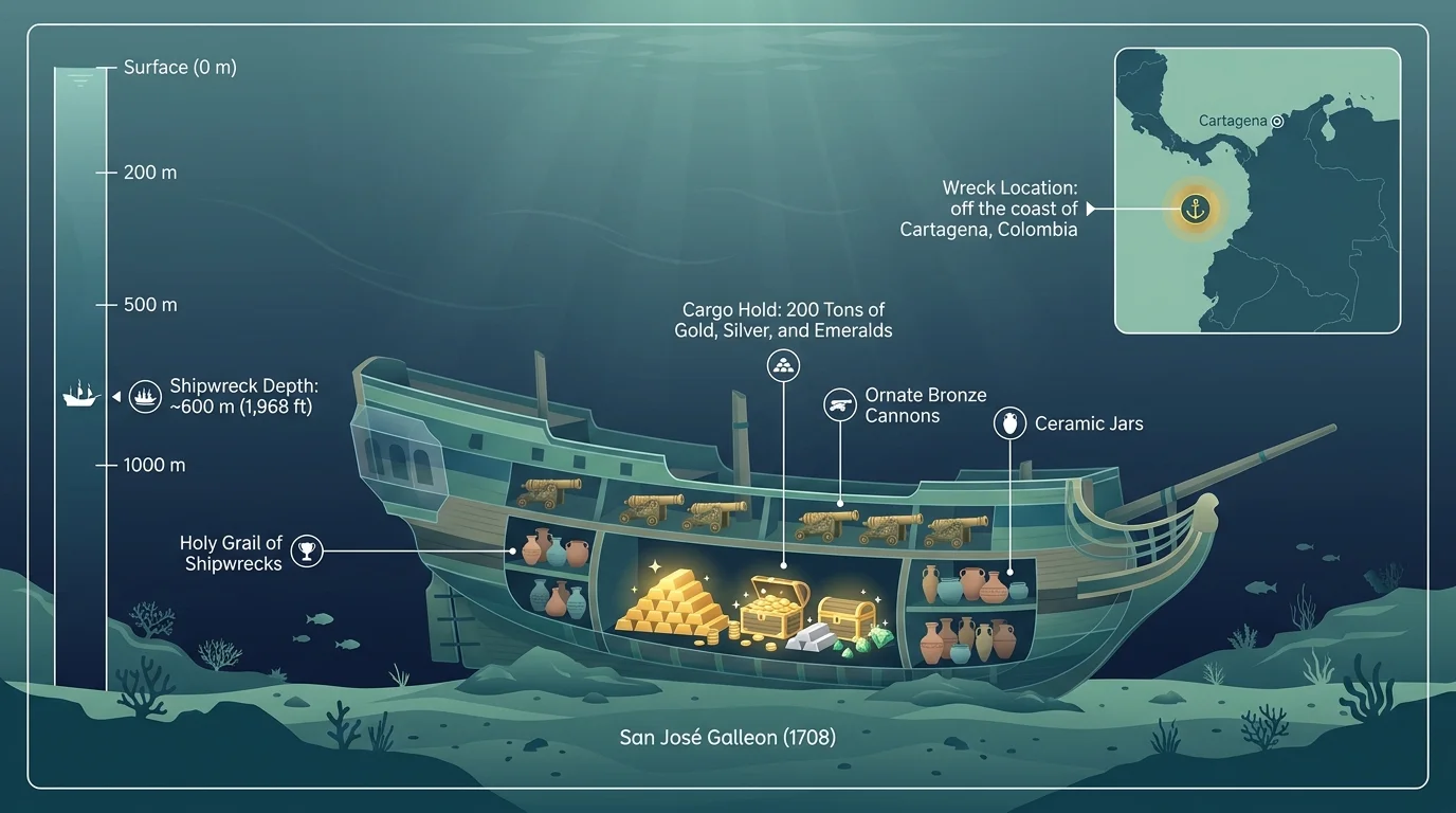 An infographic showing the cross-section of the San José Galleon shipwreck and its cargo of gold and emeralds near Cartagena.