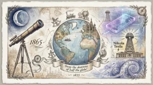 An ink and watercolor illustration featuring a telescope, a globe with US and Russia highlighted, and a wireless tower blueprint.