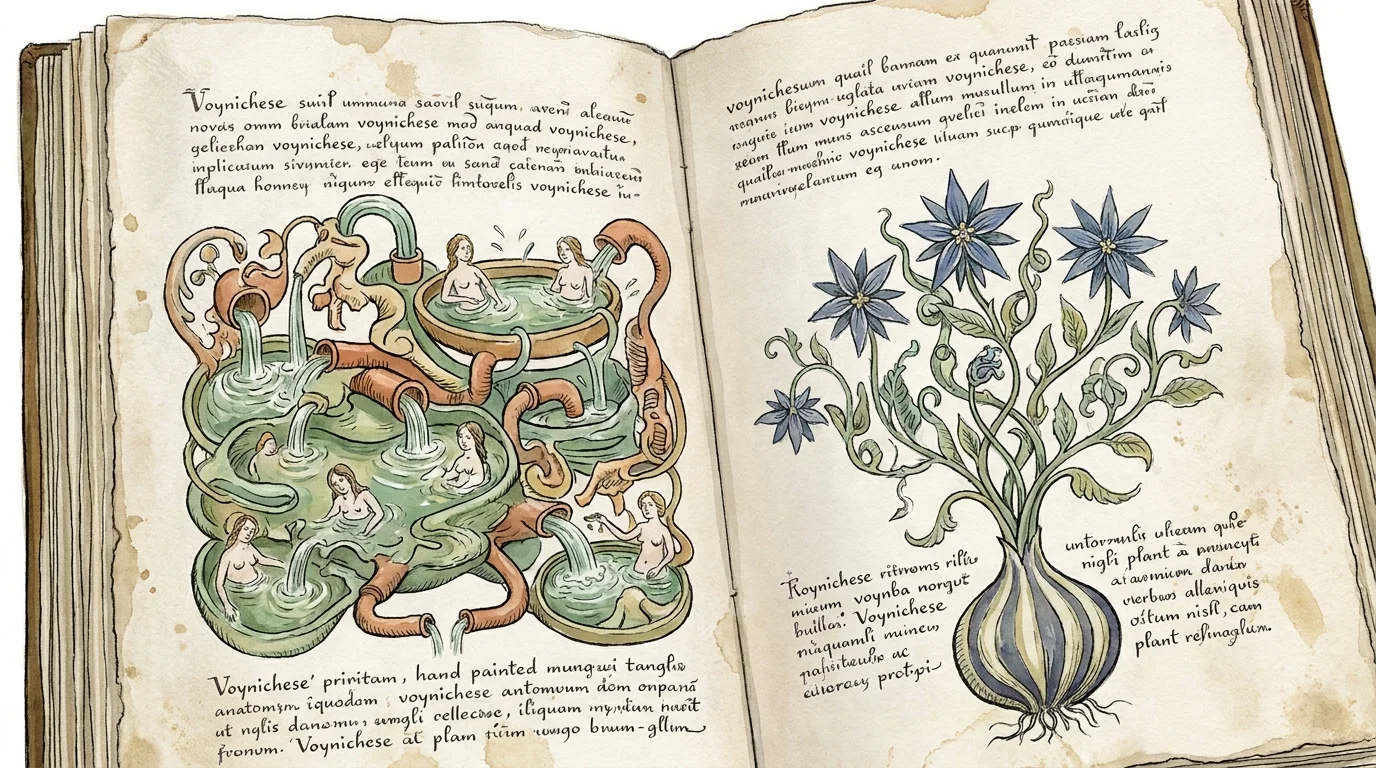 An ink and watercolor illustration of a mysterious manuscript showing women in green pools and unknown plants with strange text.