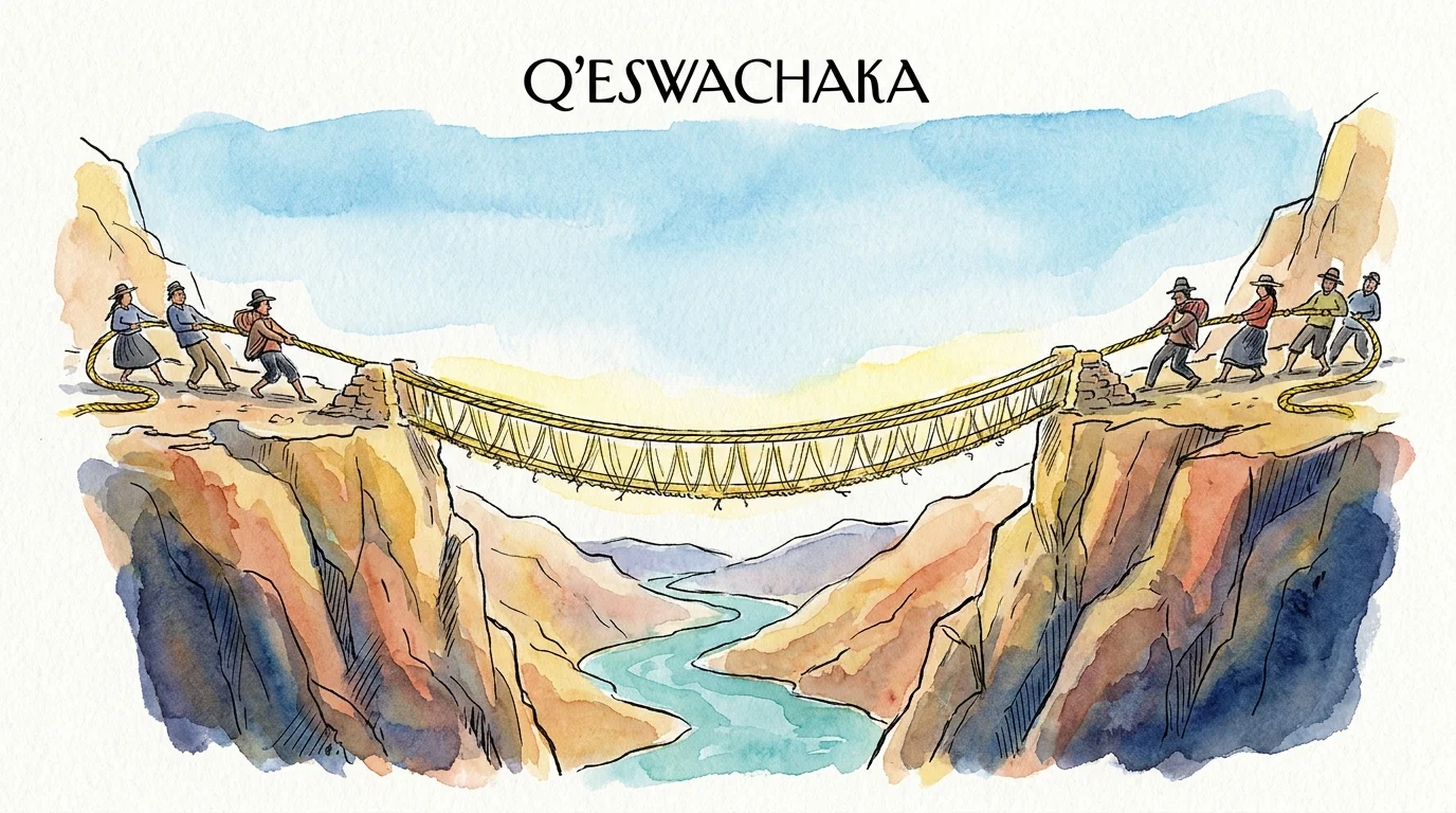 An ink and watercolor illustration of people weaving a grass bridge across a deep mountain gorge in Peru.