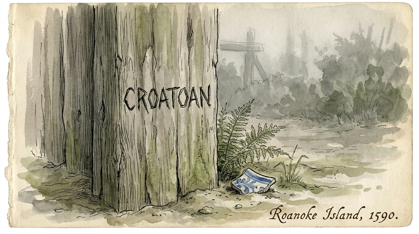 An ink and watercolor sketch of a wooden post with the word 'CROATOAN' carved into it amidst a foggy forest.