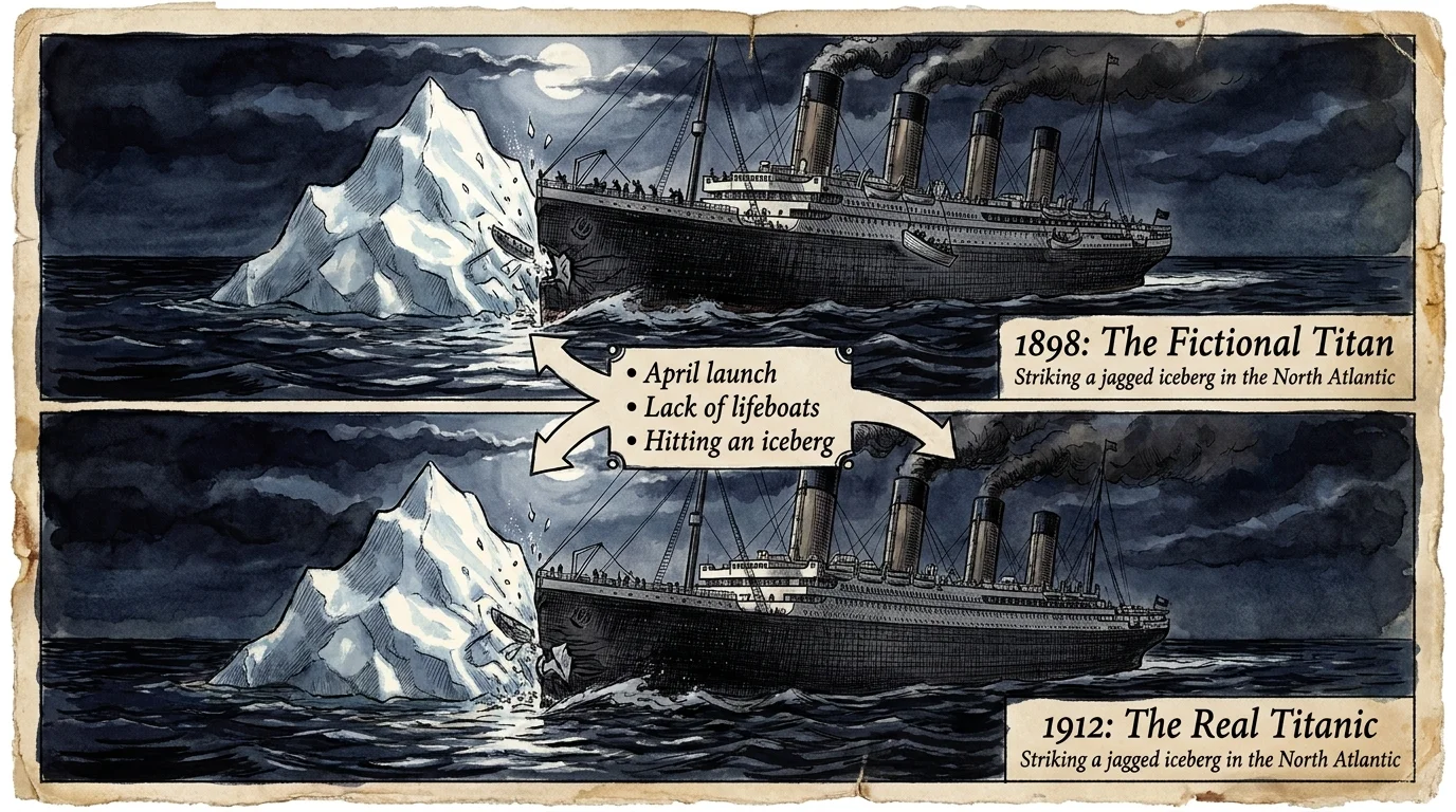An ink sketch comparing the fictional ship Titan and the real Titanic, both hitting icebergs with text labels.
