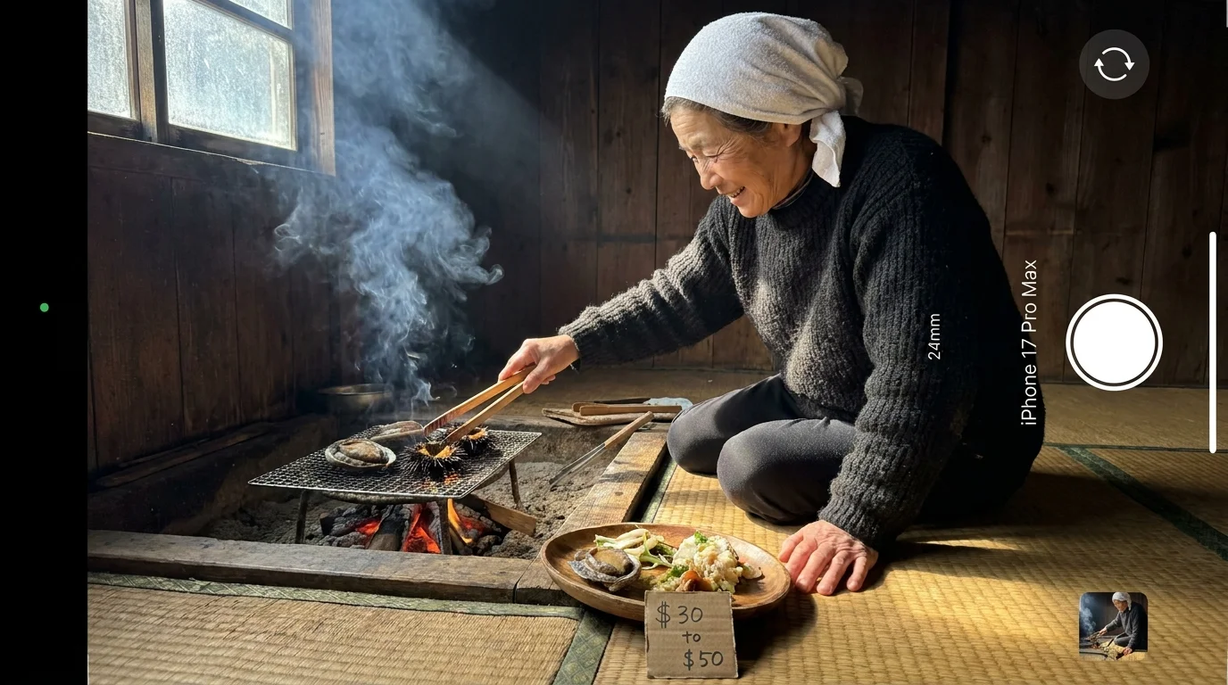 An older Japanese Ama diver grilling fresh seafood over a charcoal hearth inside a rustic wooden hut.