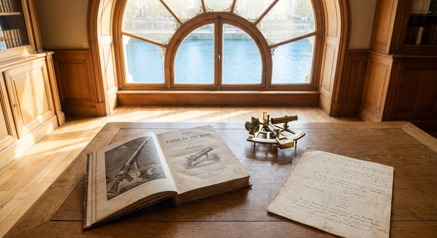 An open first-edition Jules Verne book and a brass sextant on a table in the Nantes museum overlooking the Loire River.