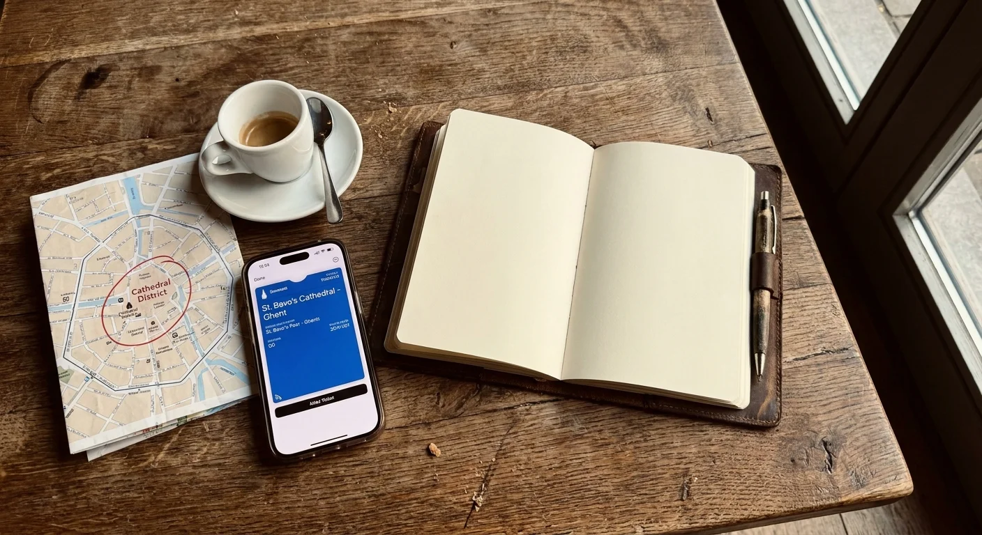 An overhead photo of a travel journal, a museum ticket on a phone, and a cup of coffee on a wooden table.