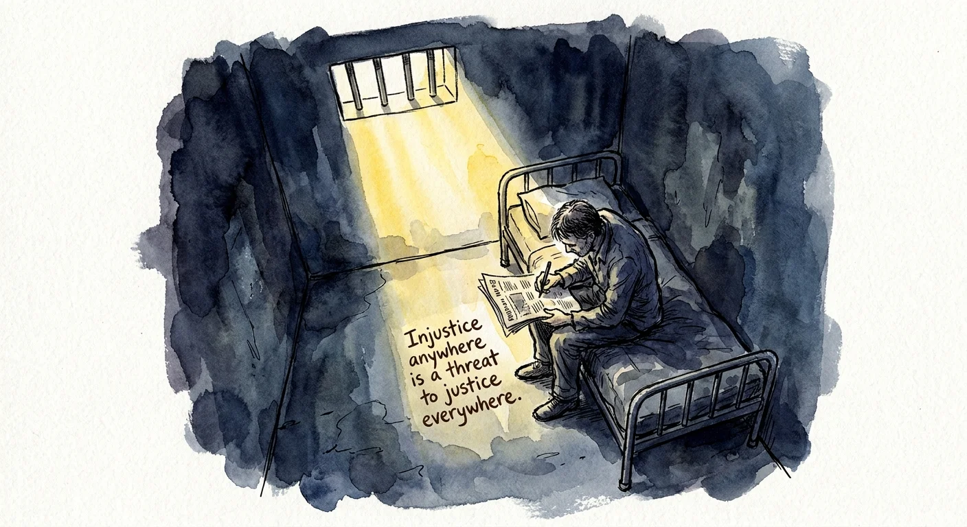 Ink and watercolor illustration of a man writing on newspaper margins in a dark, narrow jail cell illuminated by a single beam of light.