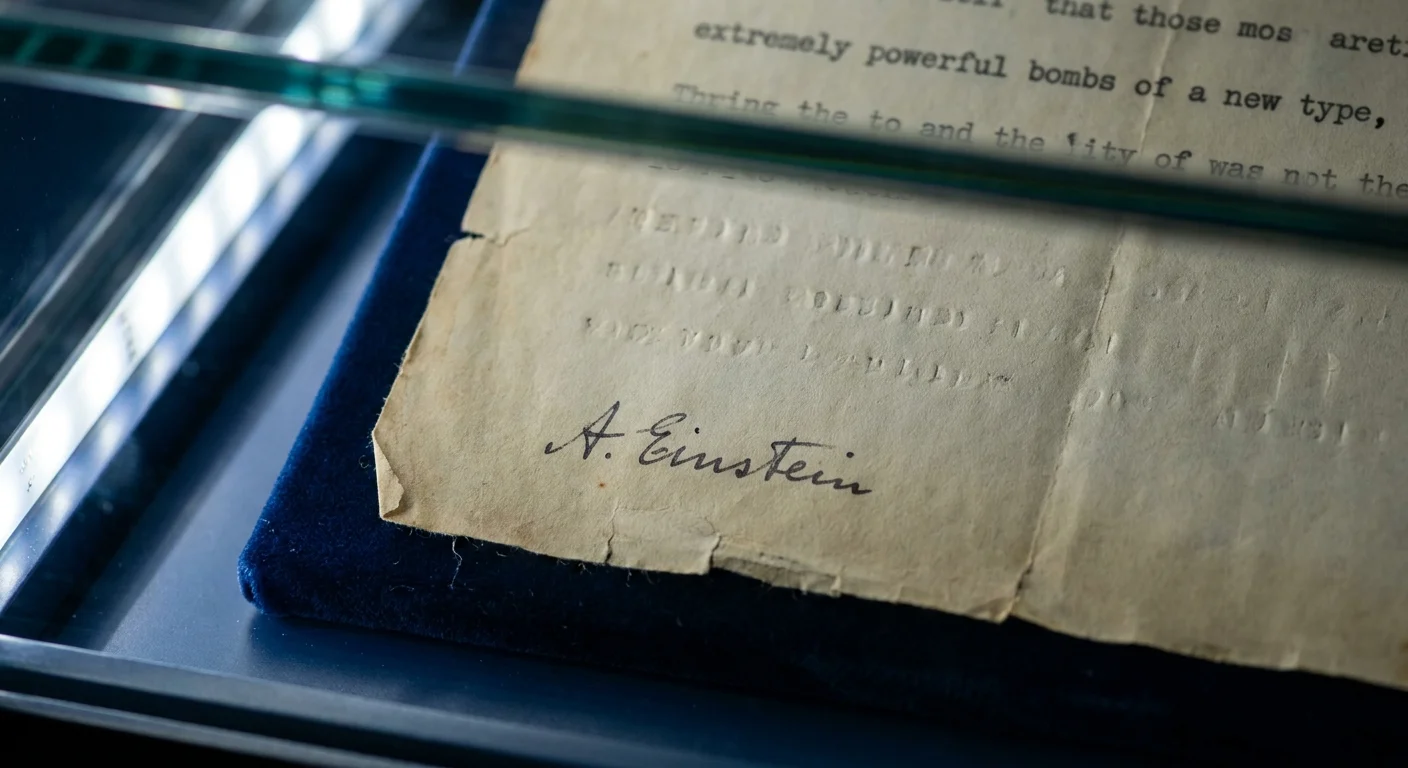 Macro photo of Albert Einstein's signature on the 1939 letter that launched the Manhattan Project.