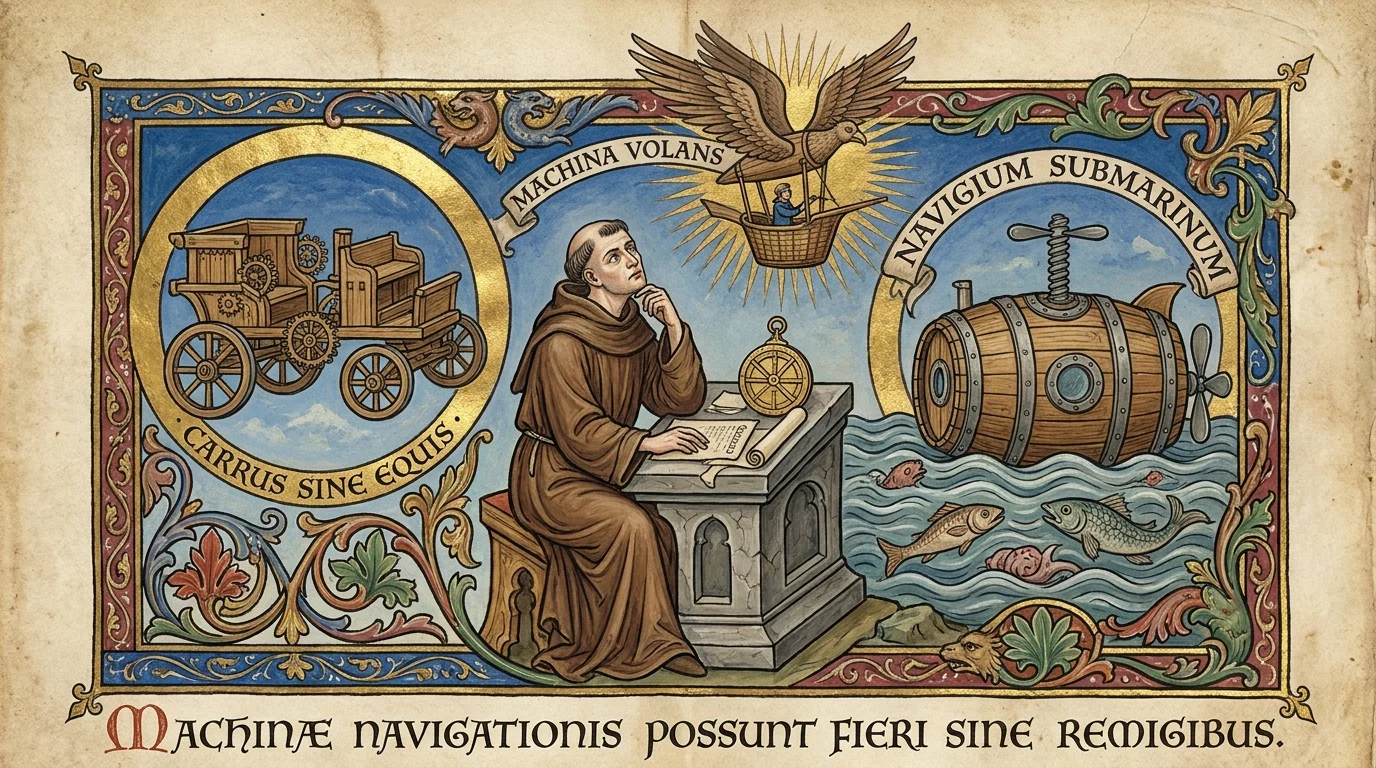 Medieval manuscript style illustration showing a monk dreaming of a car, a flying machine, and a submarine.