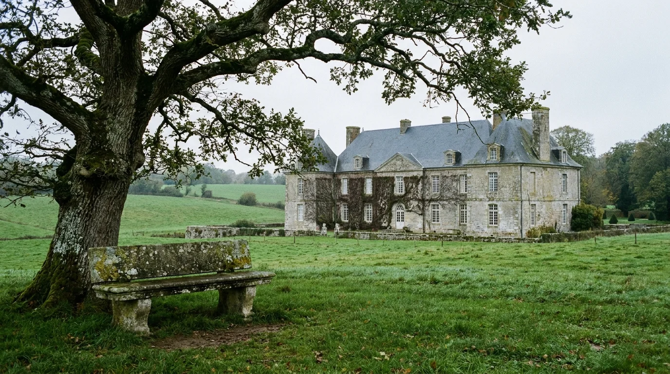 The stone façade of Château de Tocqueville set against the rolling green hills of the Normandy countryside.