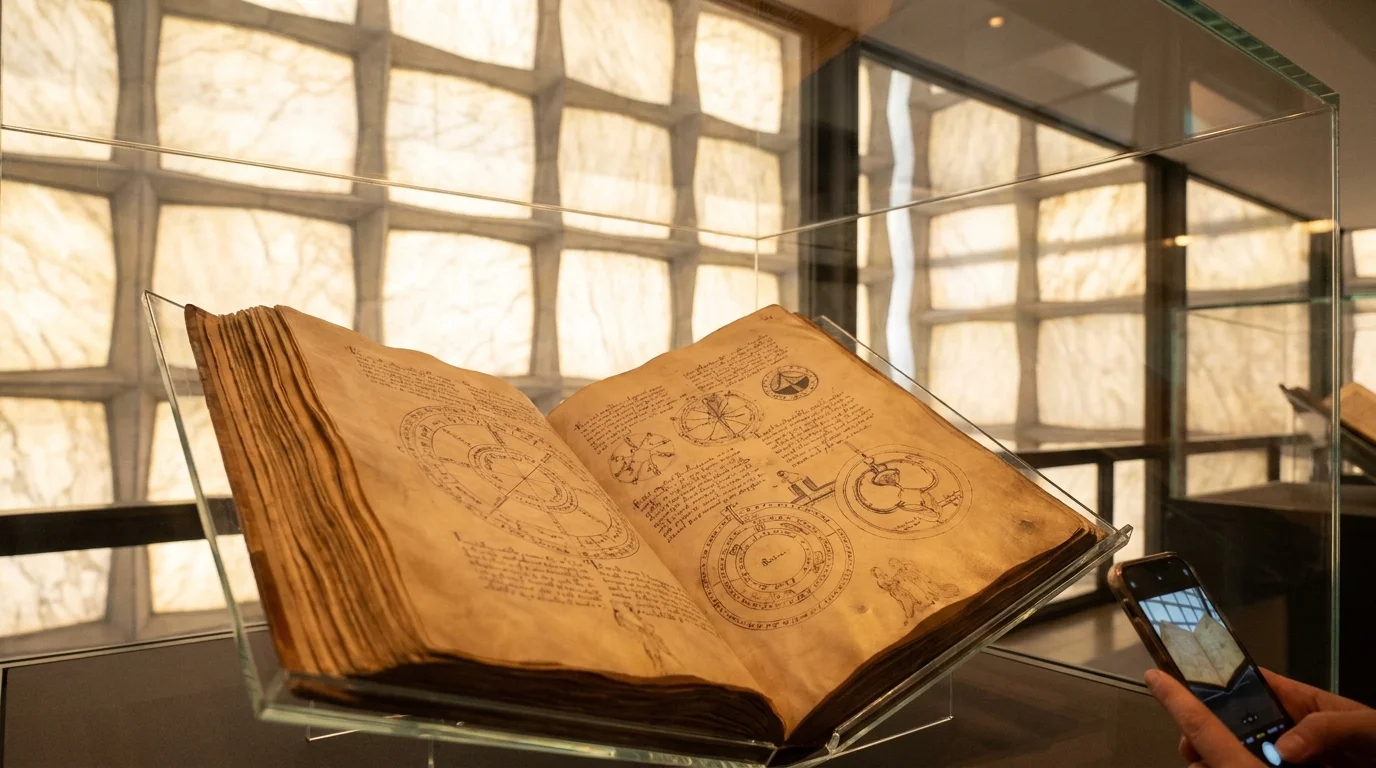 The Voynich Manuscript displayed in a glass case inside the Beinecke Library's glowing marble interior.