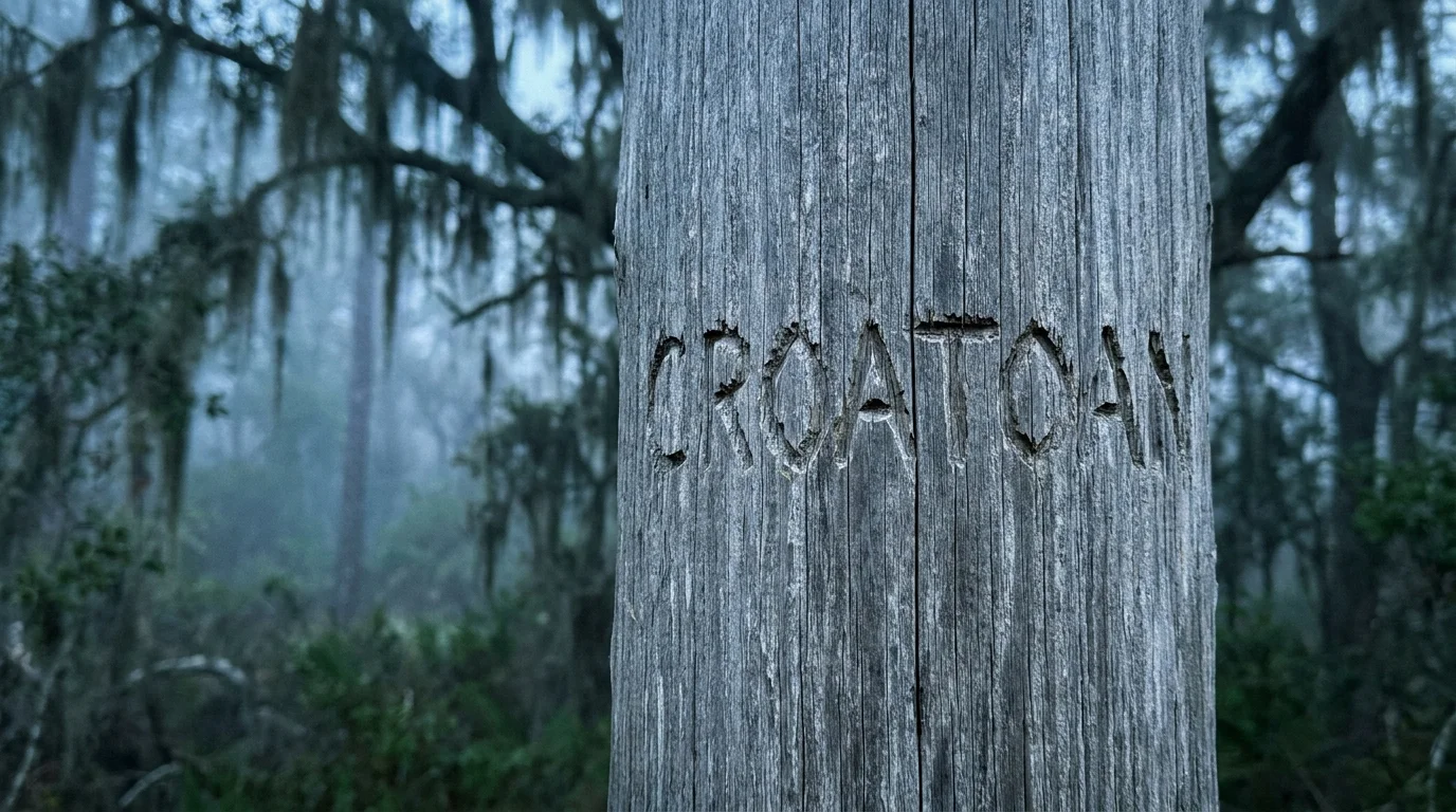 The word CROATOAN carved into a weathered wooden post in a misty, abandoned forest clearing.