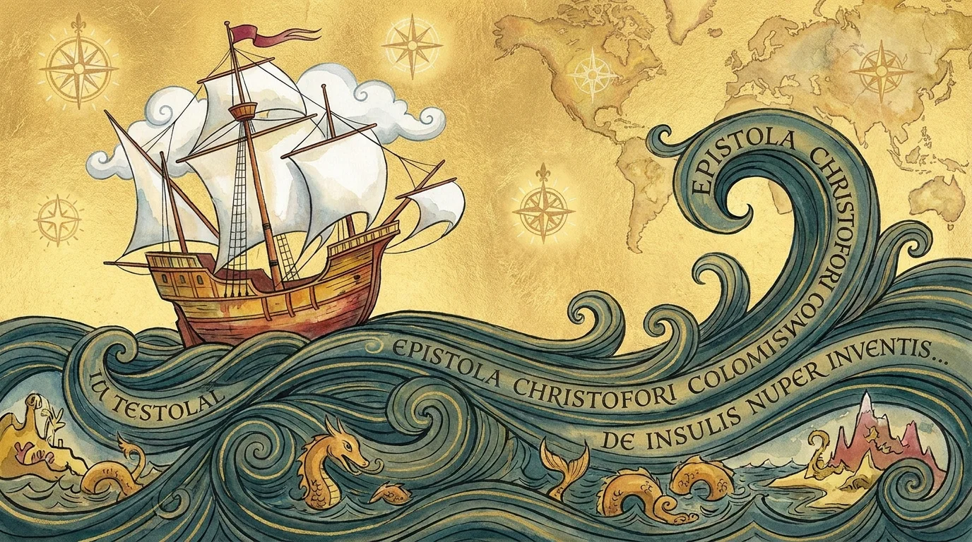Watercolor illustration of a Spanish ship sailing on a sea made of 15th-century script from Columbus's letter.
