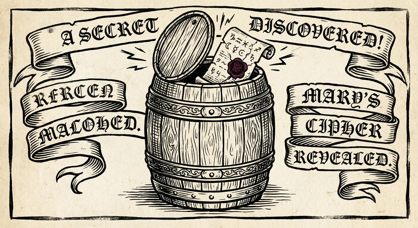 Woodcut-style illustration of a secret cipher hidden inside a beer barrel, used in the Babington Plot.
